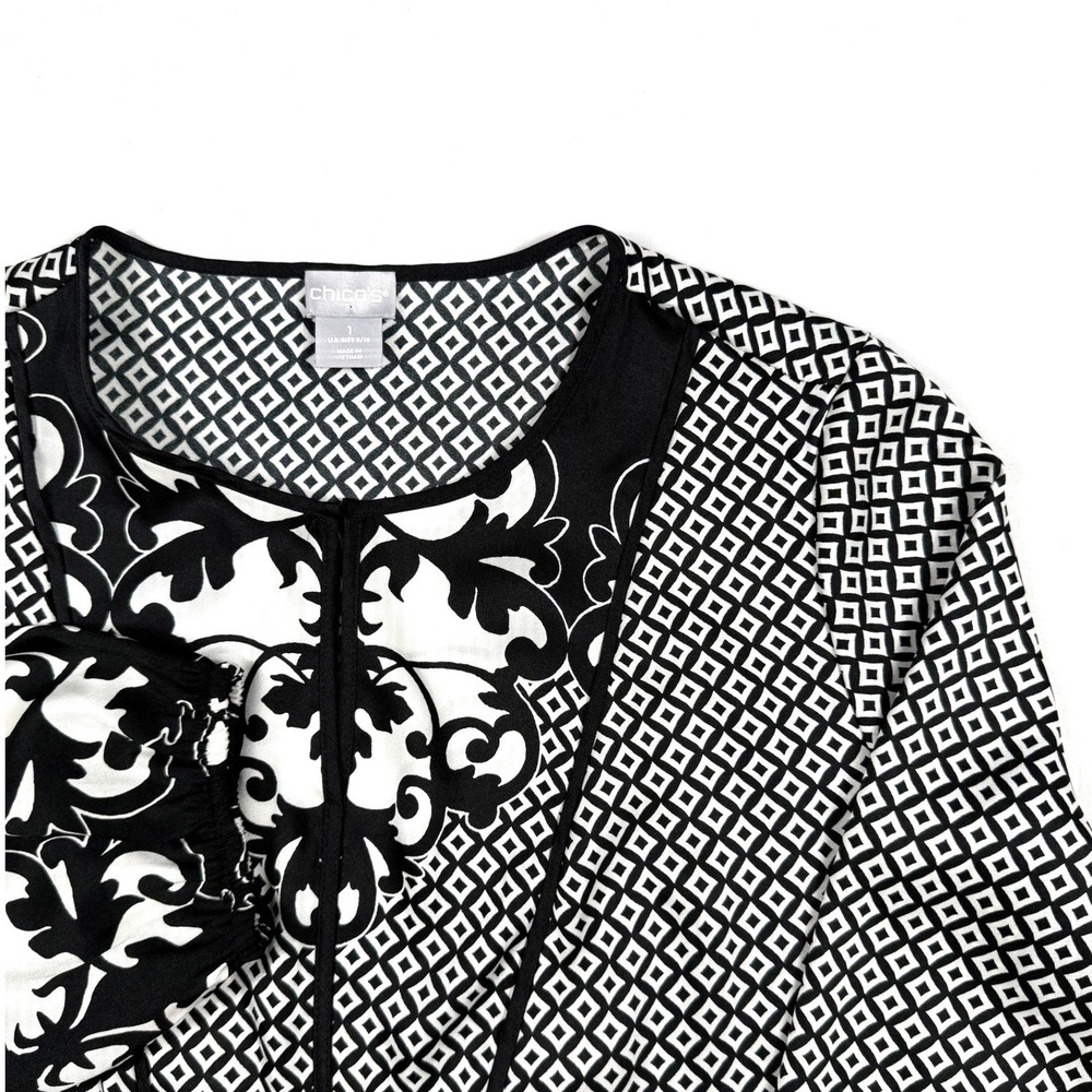 Chicos Black White Damask Boho Tunic Blouse Top Size 1 US 8/10 Long Sleeve